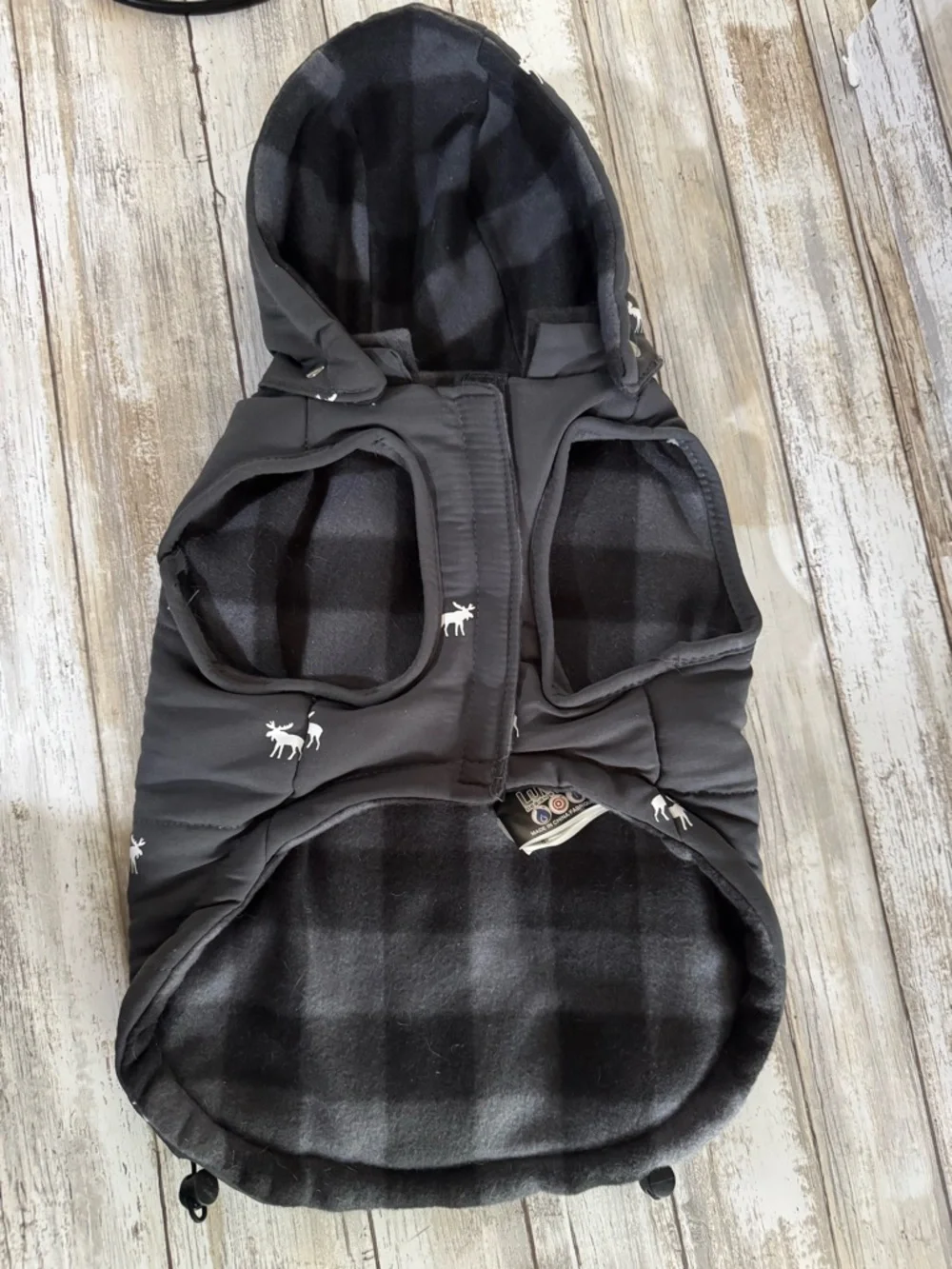 LuvGear Reversible Plaid Flannel Moose Dog Coat Cold Alert Patch Thermometer